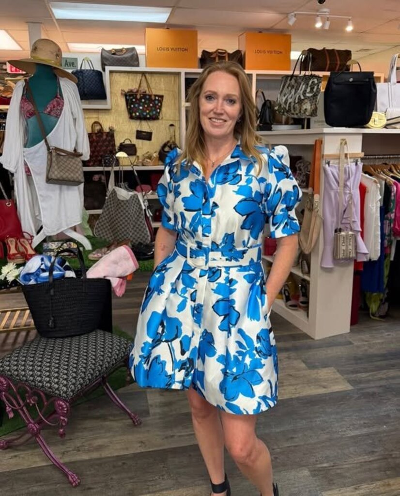 Belted Minidress w/ Blue & White Floral Print