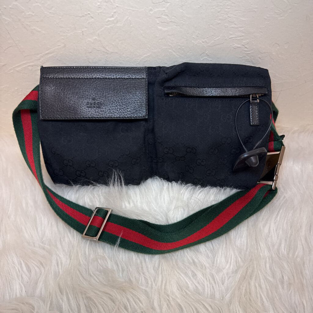 Black GG Sherry Line Web Double Pocket Belt Bag