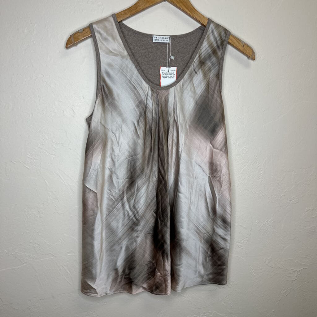 Tan multi color silk sleeveless top