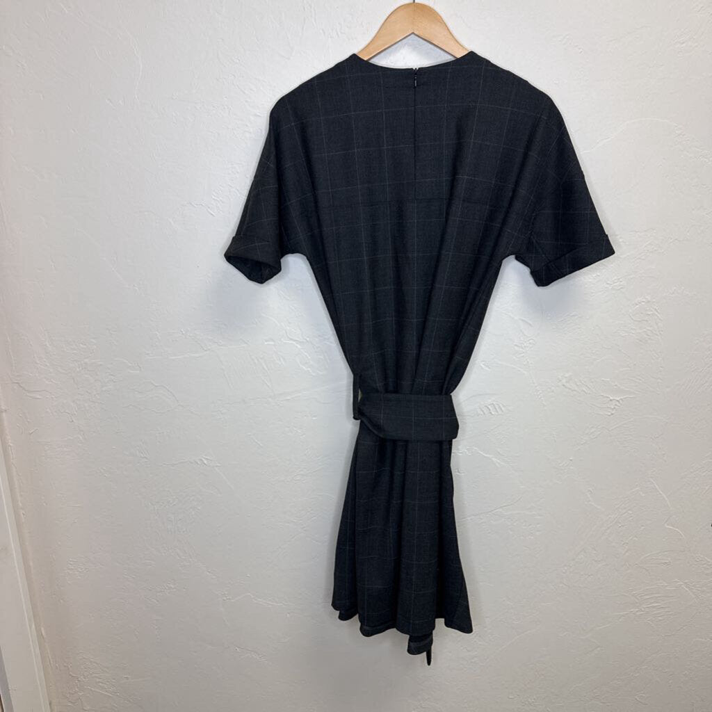 Black window pane belted dress