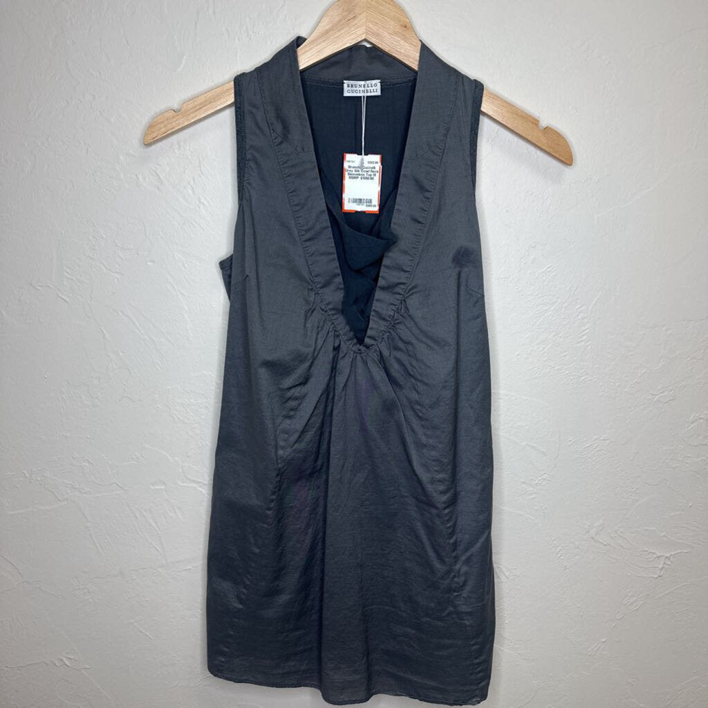 Grey Silk Cowl Neck Sleeveless Top