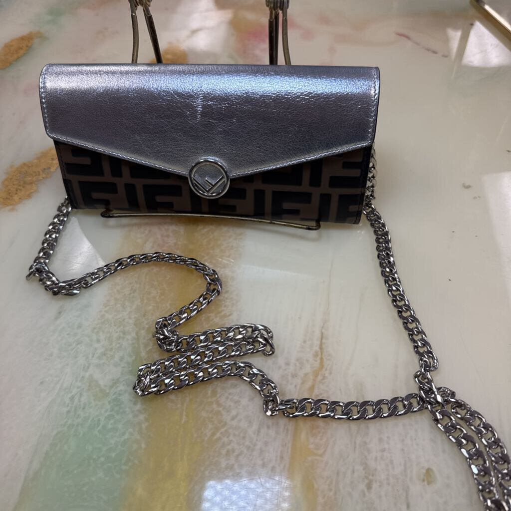 F is Fendi Zucca Embossed and Metallic Leather Wallet