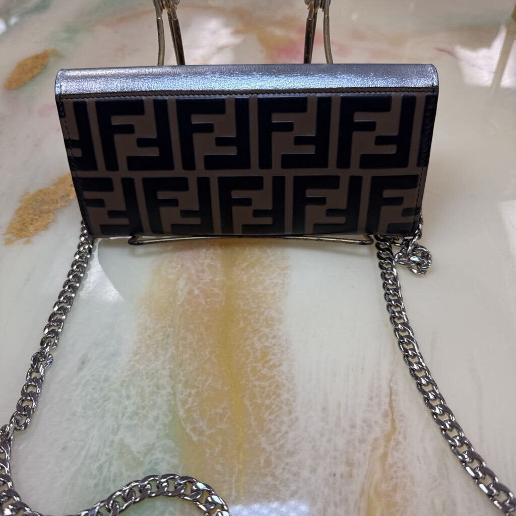 F is Fendi Zucca Embossed and Metallic Leather Wallet
