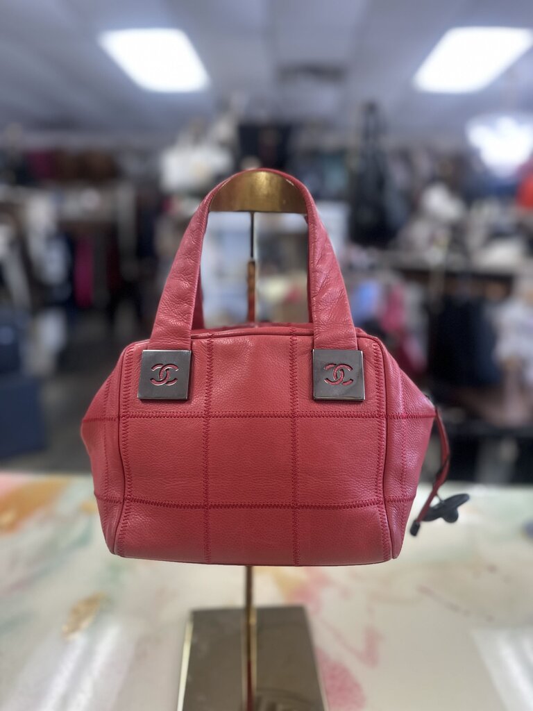 Square Stitch Soft Caviar Skin Red Leather Mini Boston Bag