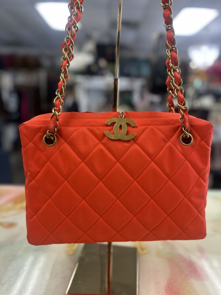 Orange Quilted Nylon Shoulder Bag
