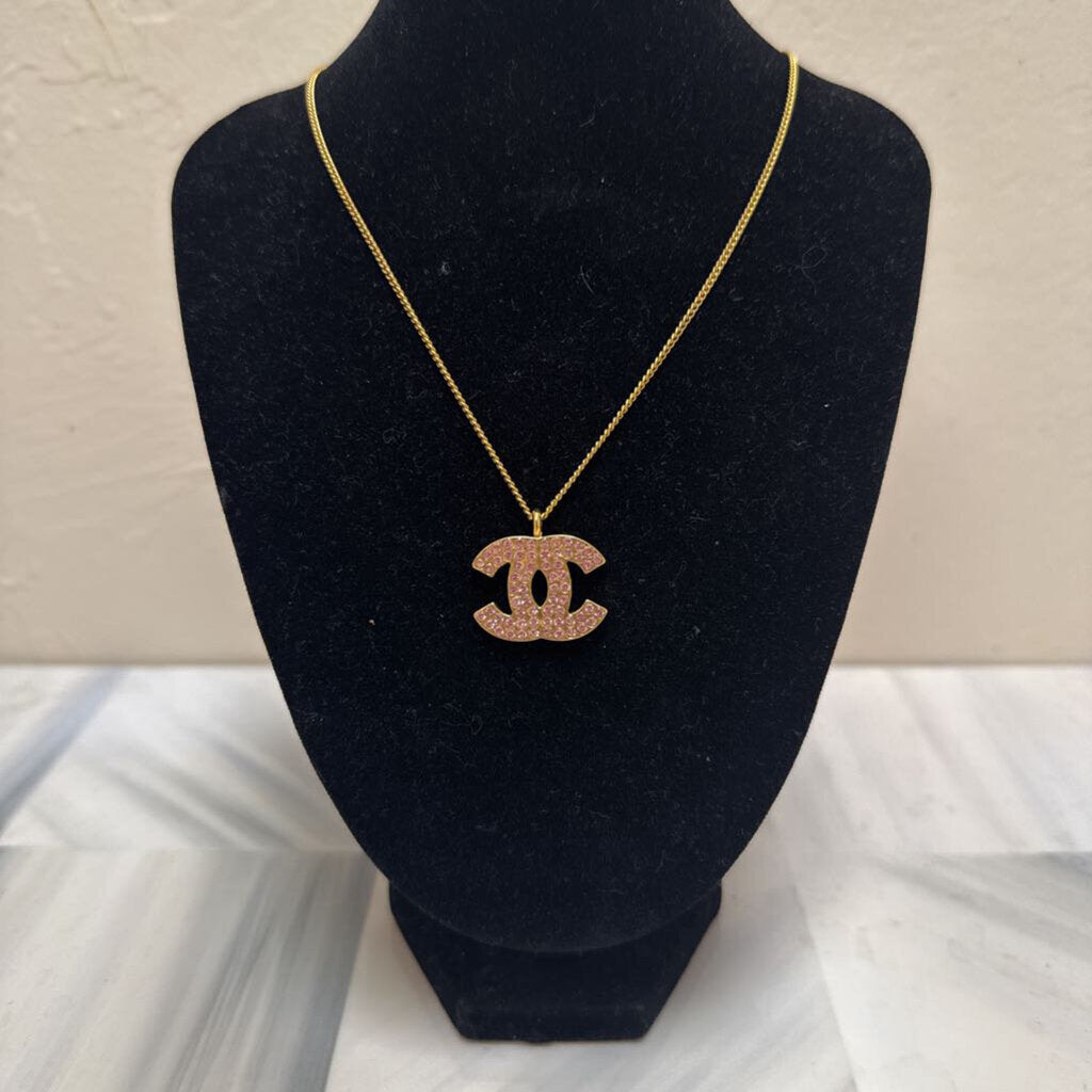 Coco Mark Pink Rhinestone Gold Necklace