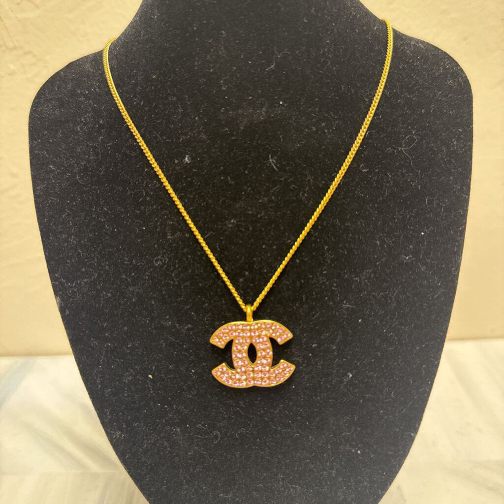 Coco Mark Pink Rhinestone Gold Necklace