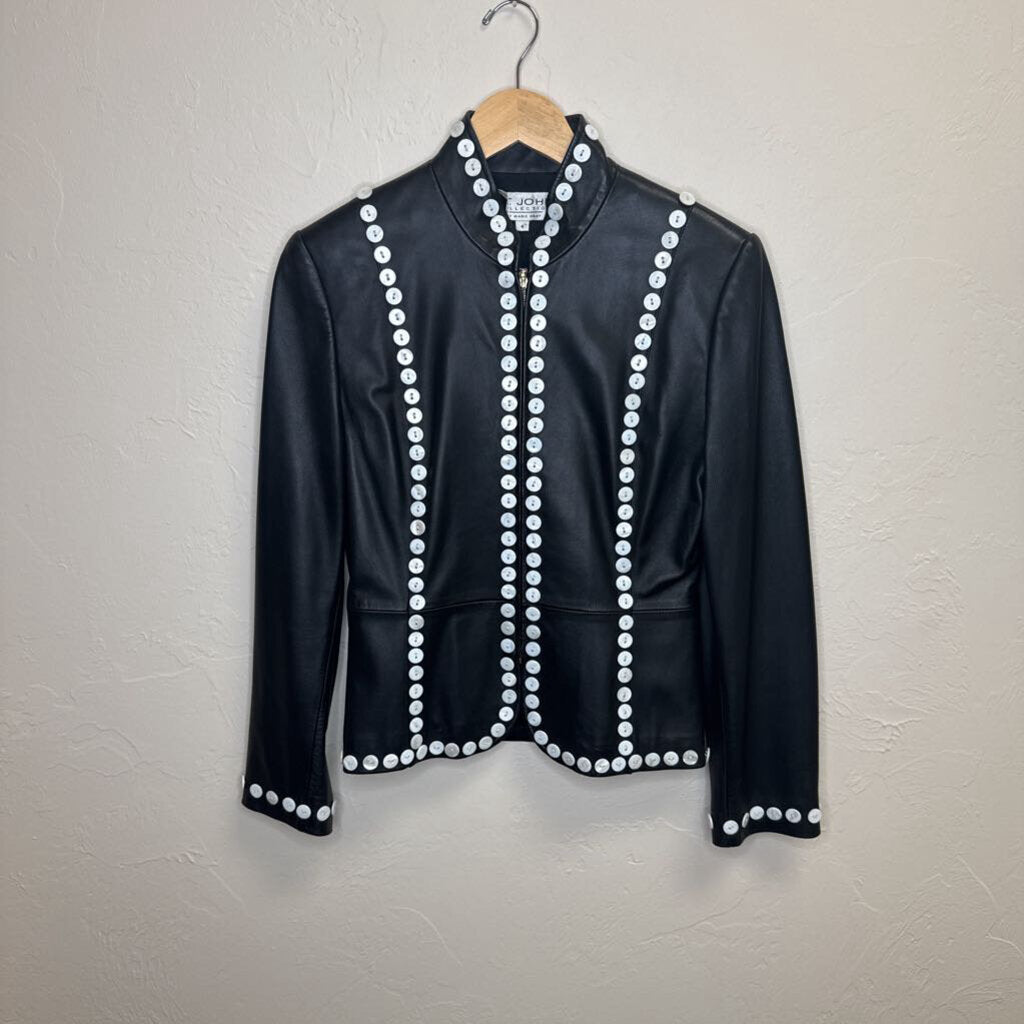 Black Lambskin Leather Jacket with White Buttons