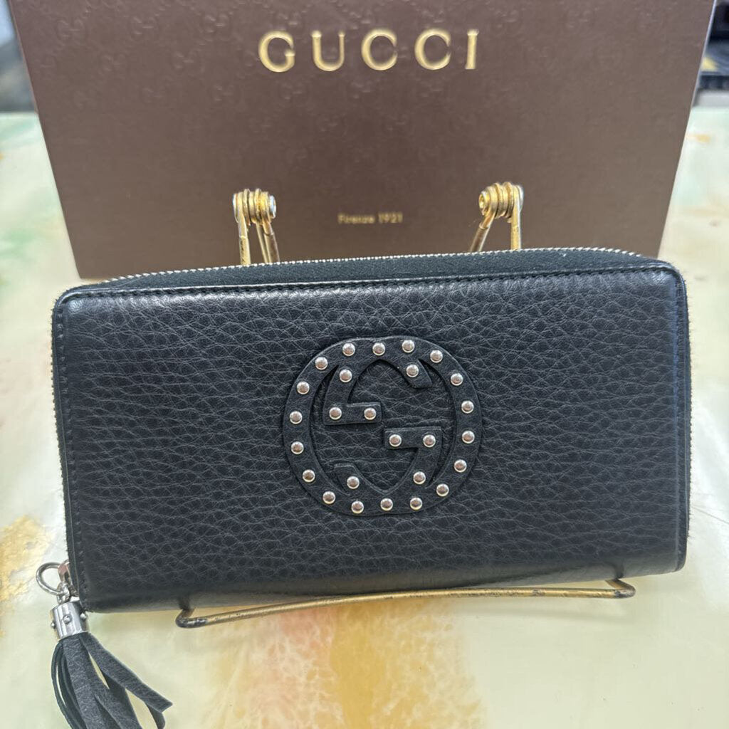 Black Pebbled Calfskin Studded Soho Zip Around Wallet