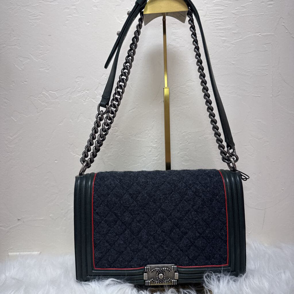 Green Black Quilted Leather Tweed Boy Bag