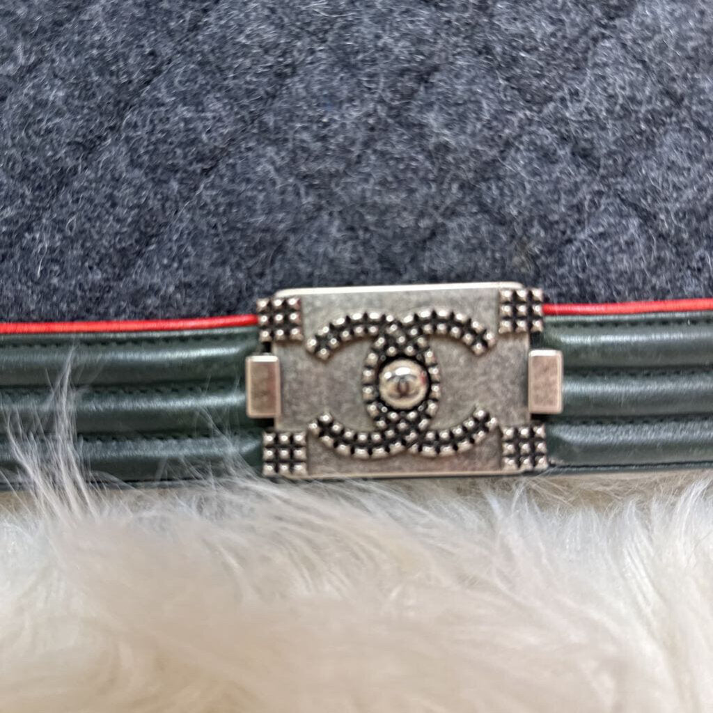 Green Black Quilted Leather Tweed Boy Bag