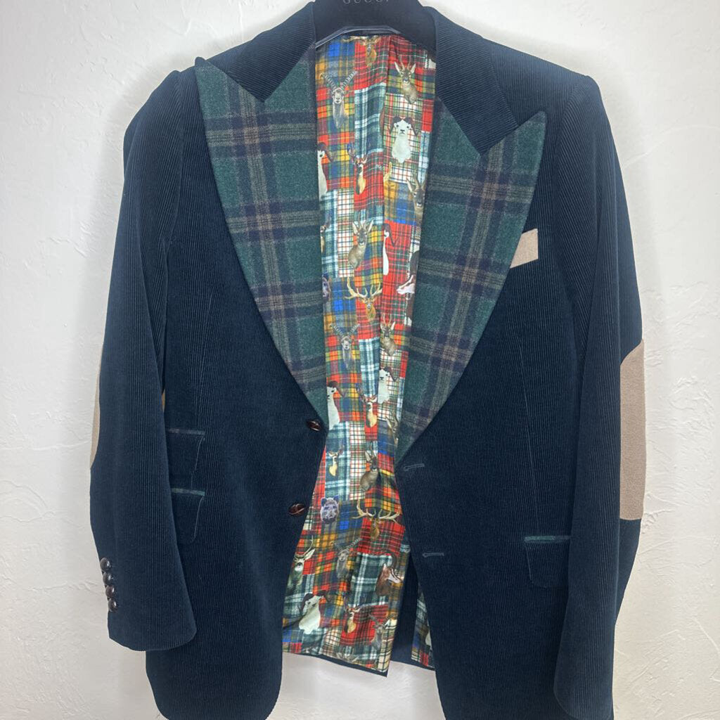 Custom Navy Wool Blazer Green Plaid Collar