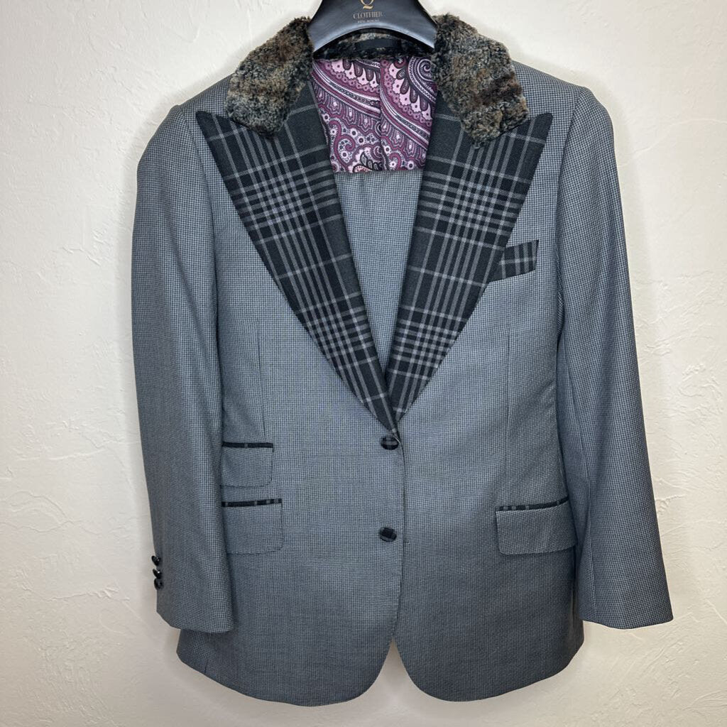 Custom Grey Houndstooth Suit Black Plaid Collar Fur Trim