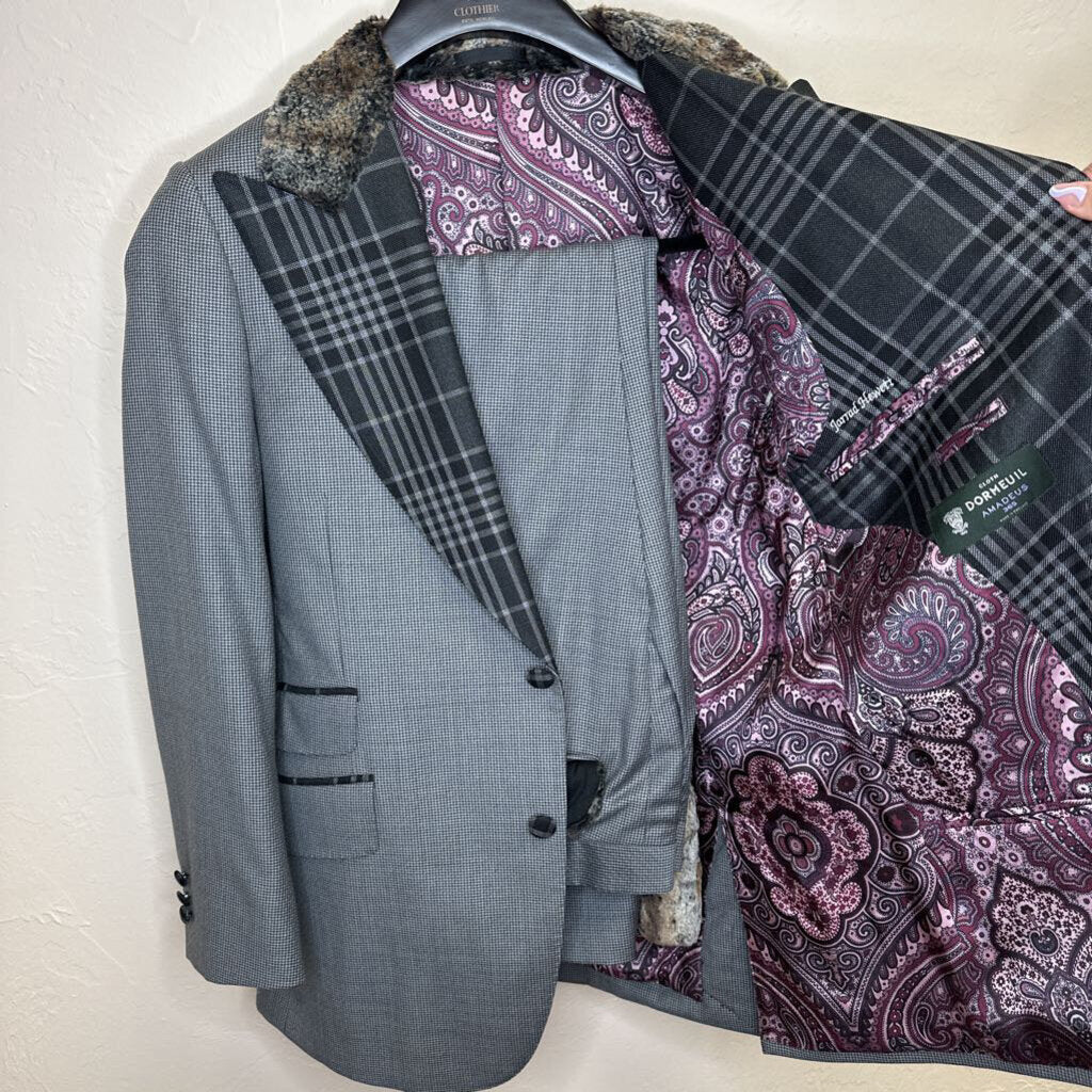 Custom Grey Houndstooth Suit Black Plaid Collar Fur Trim