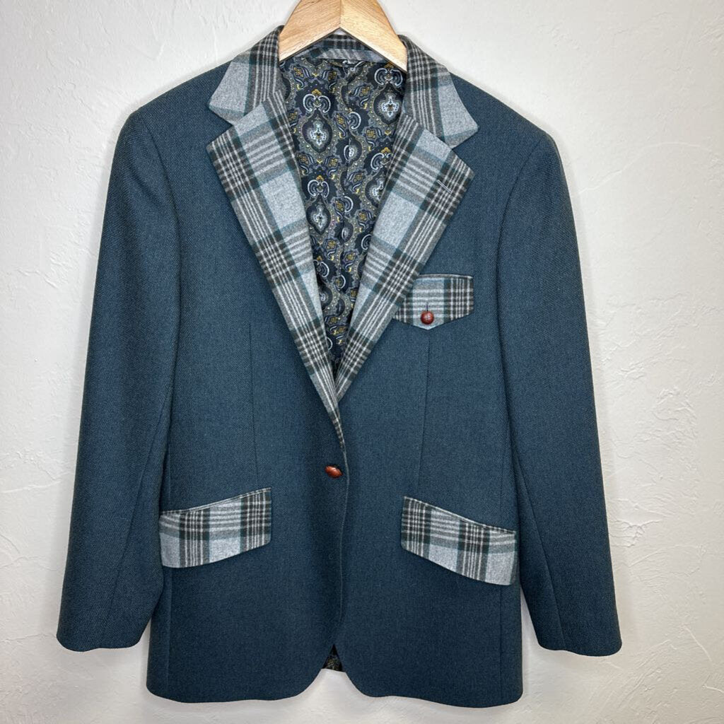 Custom Teal Blue Wool Blazer Plaid Collar