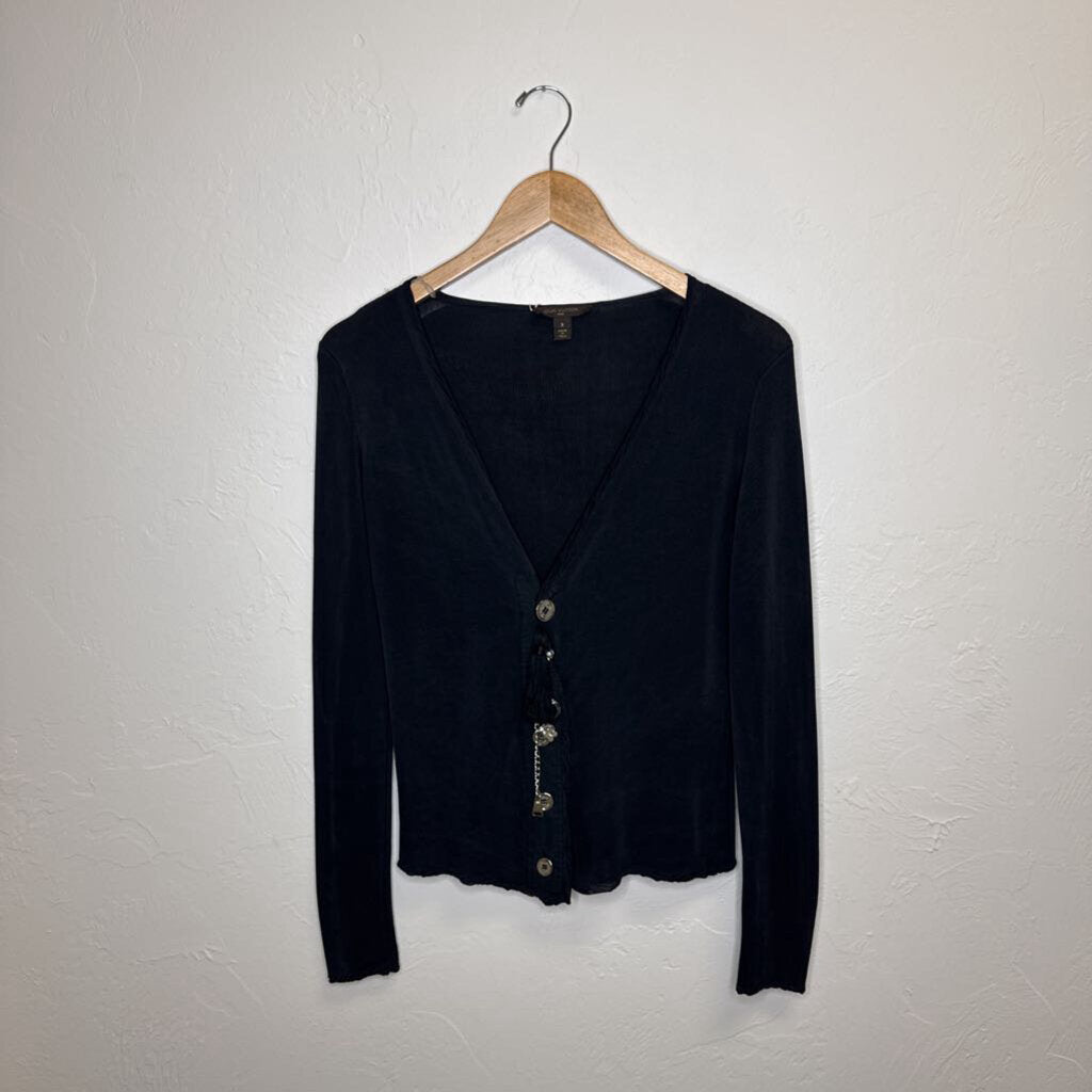 Black Cardigan with Grosgrain and Tassel Accent