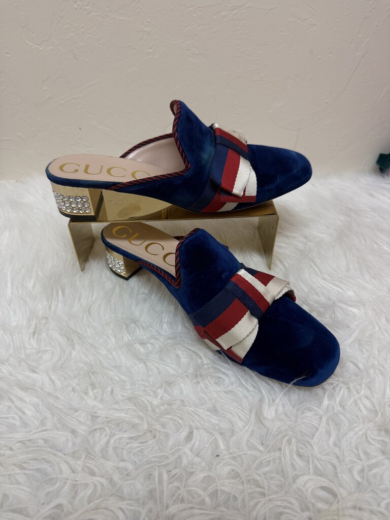 Gucci Velvet Slide Heels with Striped Ribbon