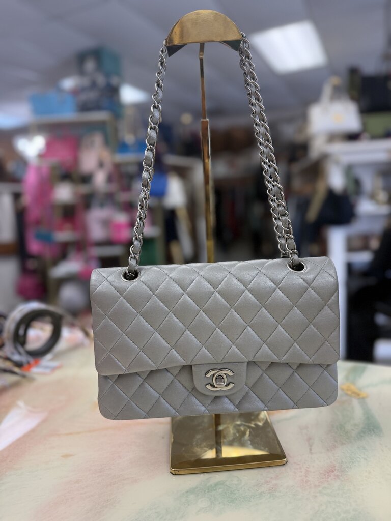 Silver Metallic Lambskin Double Flap Medium