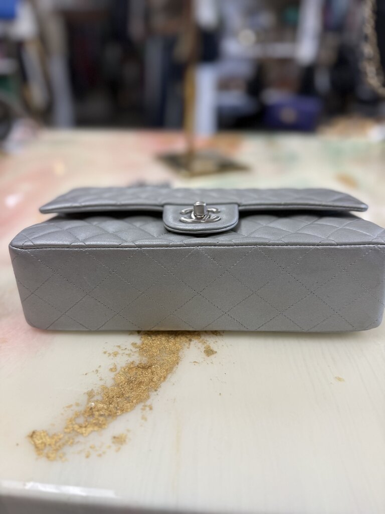 Silver Metallic Lambskin Double Flap Medium