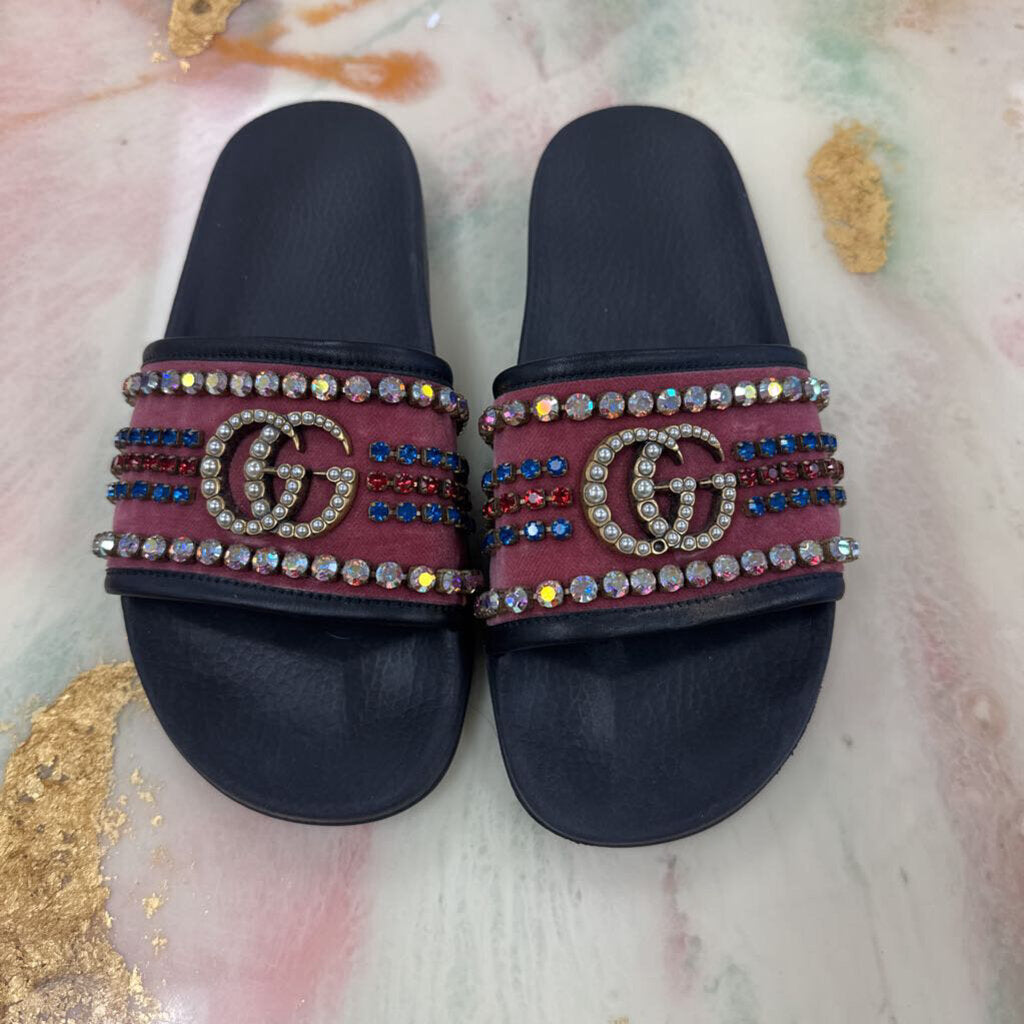 Velvet Crystal Embellished Slides