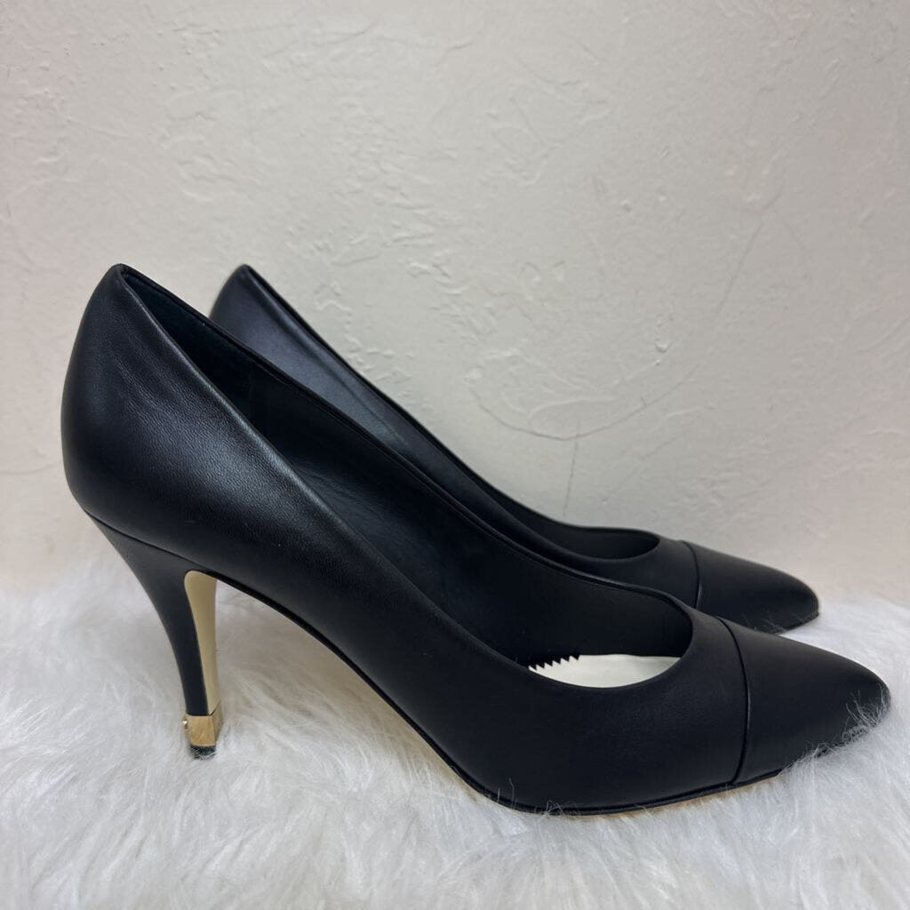 Black Lambskin Cap Toe Pumps Gold Tipped Heels