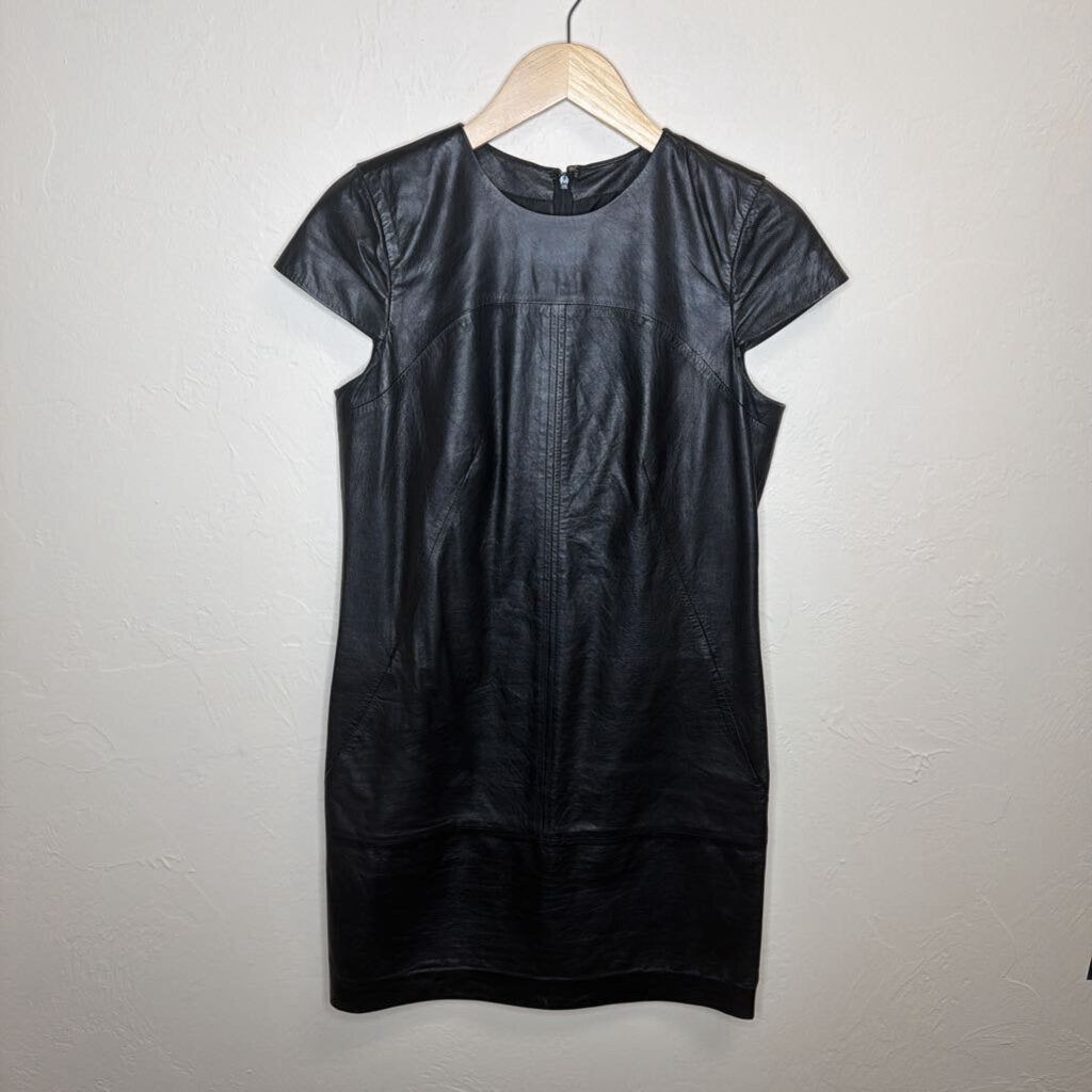Black Cap Sleeve Leather Dress