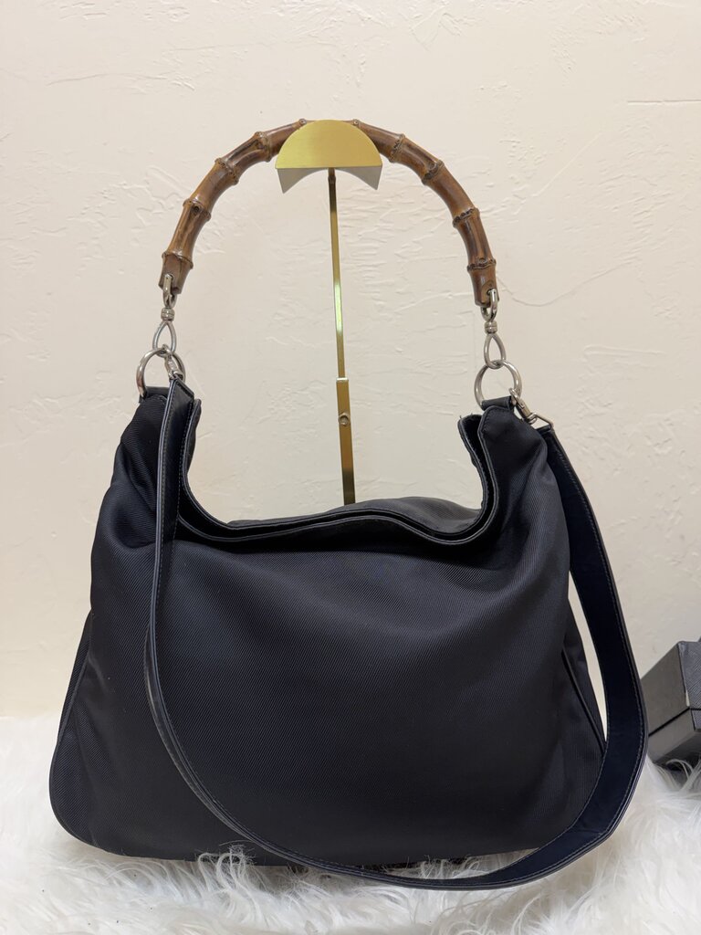 Nylon Bamboo Handle Hobo Tote