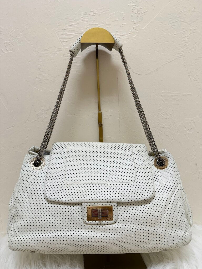 White Perforated Leather Drill Accordian Flap Bag