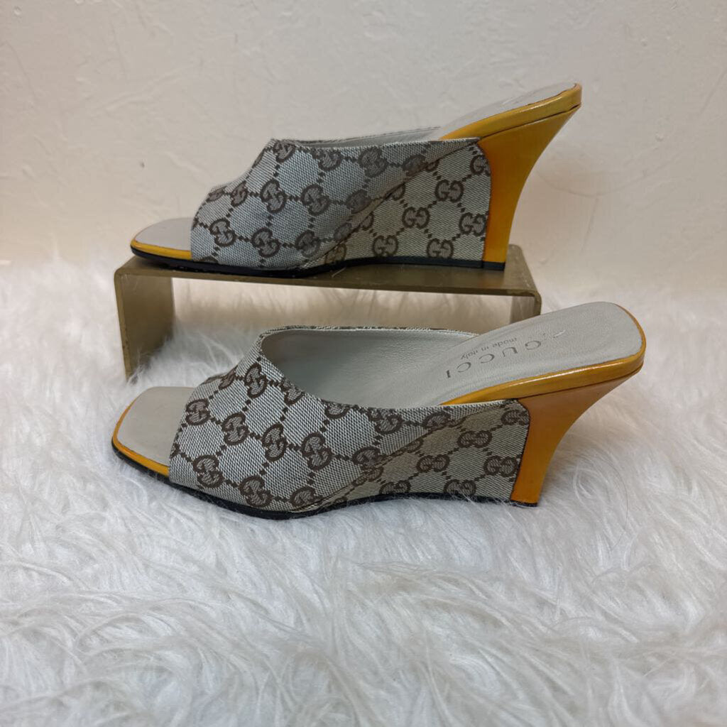 Gucci Monogram Open Toe Wedges