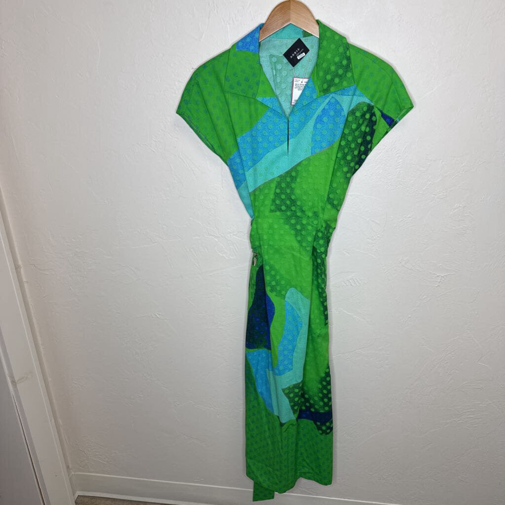 Green Blue Patterned Dress with Belt
