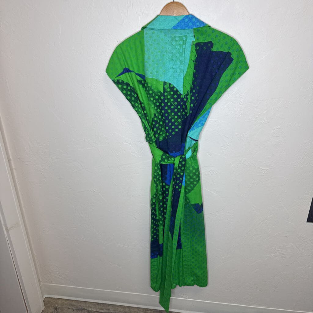 Green Blue Patterned Dress with Belt