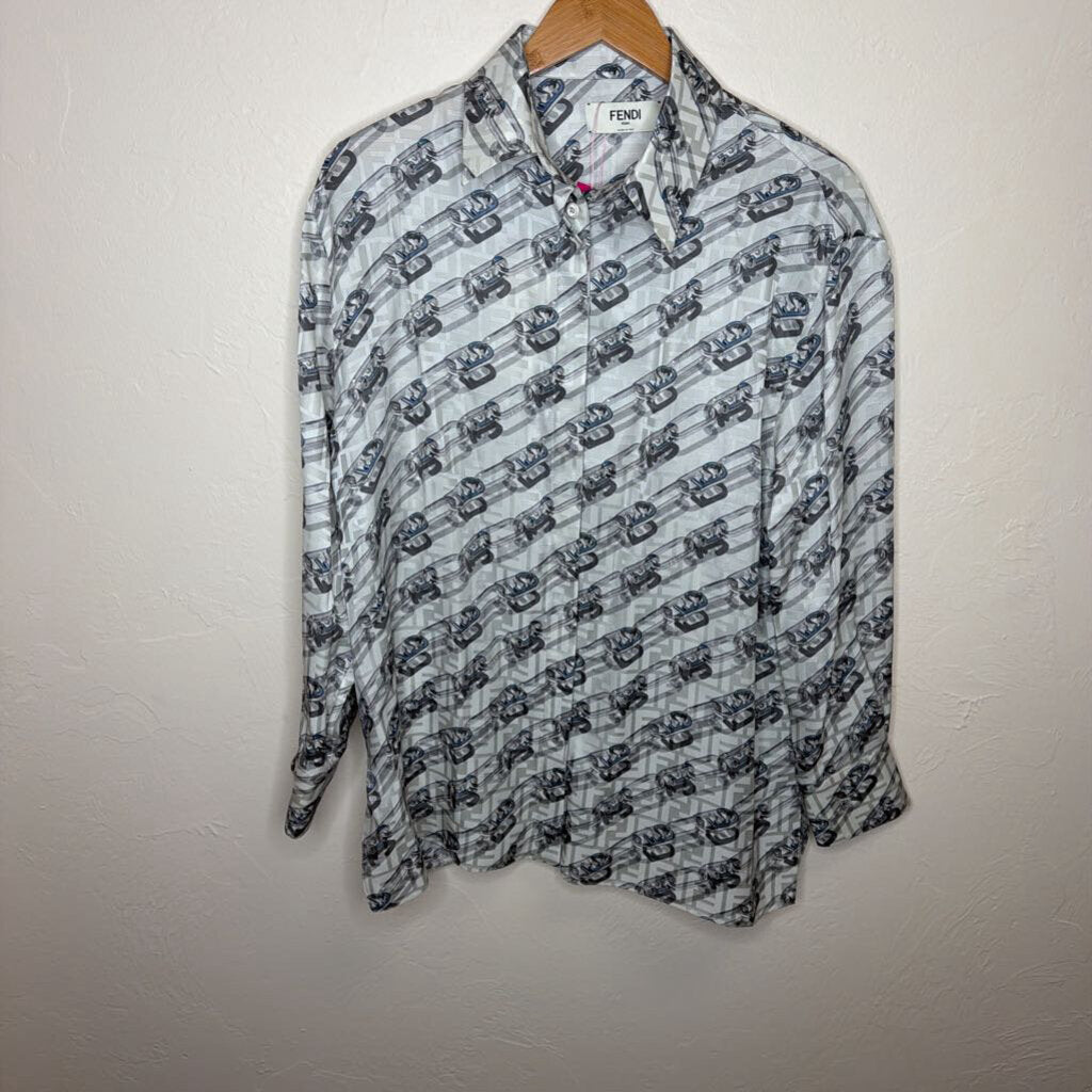 Silk Fendi Logo & Chain Printed Button Up