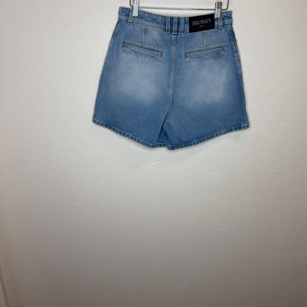 High-Rise Denim Shorts w/ Gold Embossed Buttons