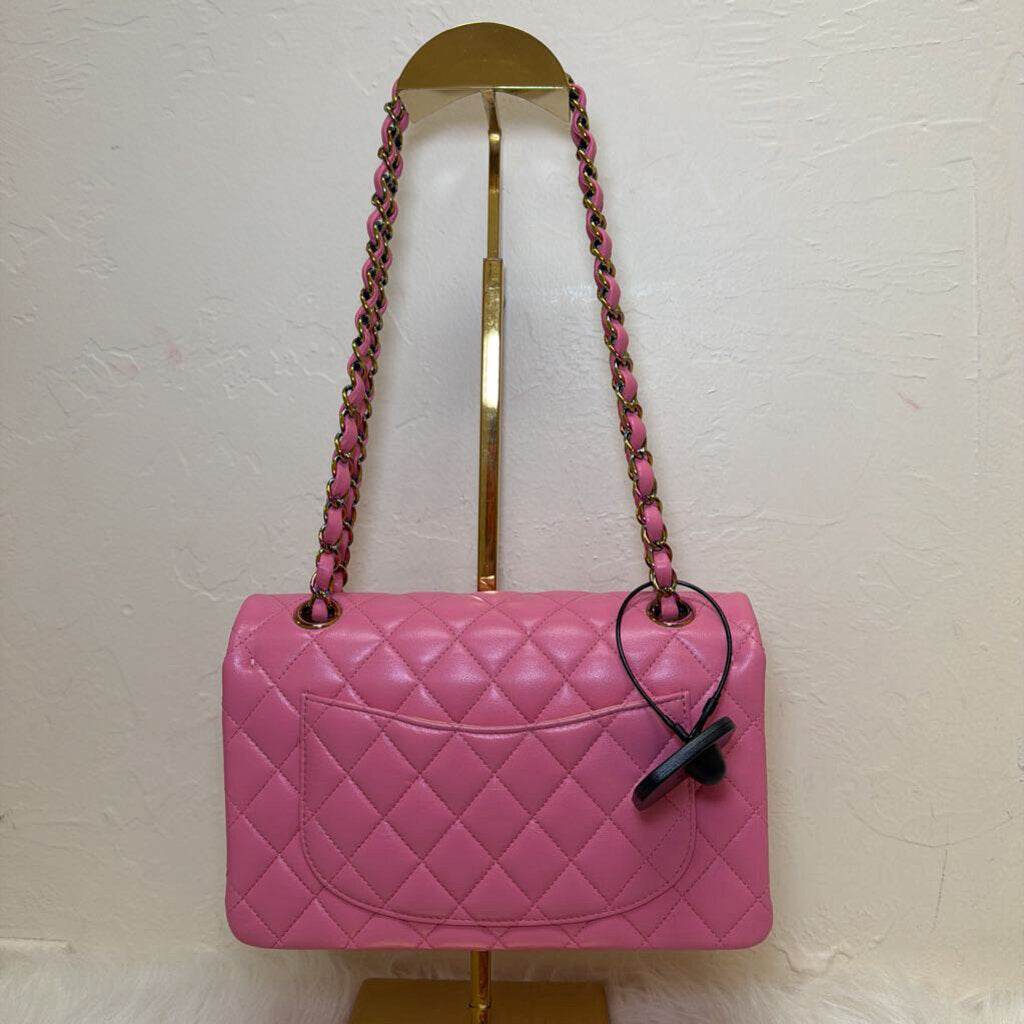 2021 Pink Lambskin Small Double Flap w Rainbow Iridescent Hardware