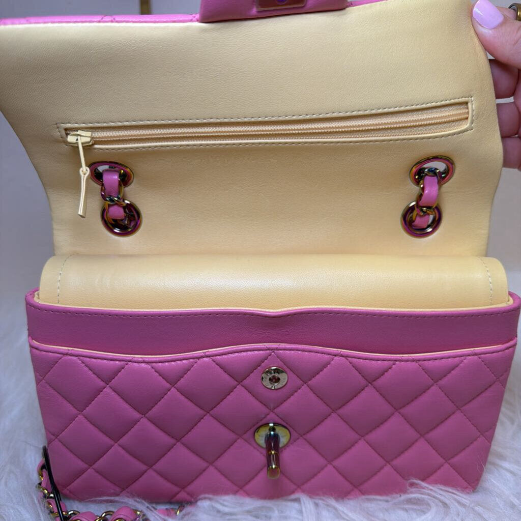 2021 Pink Lambskin Small Double Flap w Rainbow Iridescent Hardware
