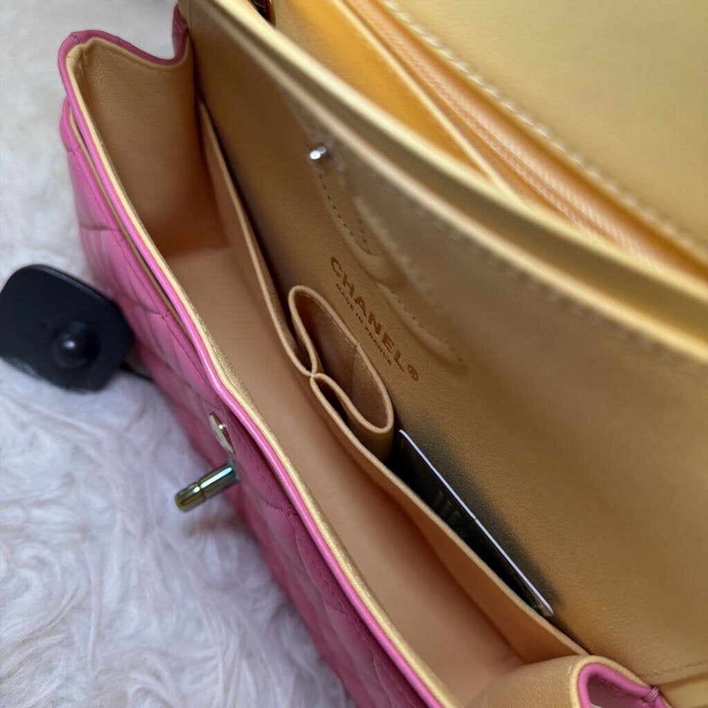 2021 Pink Lambskin Small Double Flap w Rainbow Iridescent Hardware