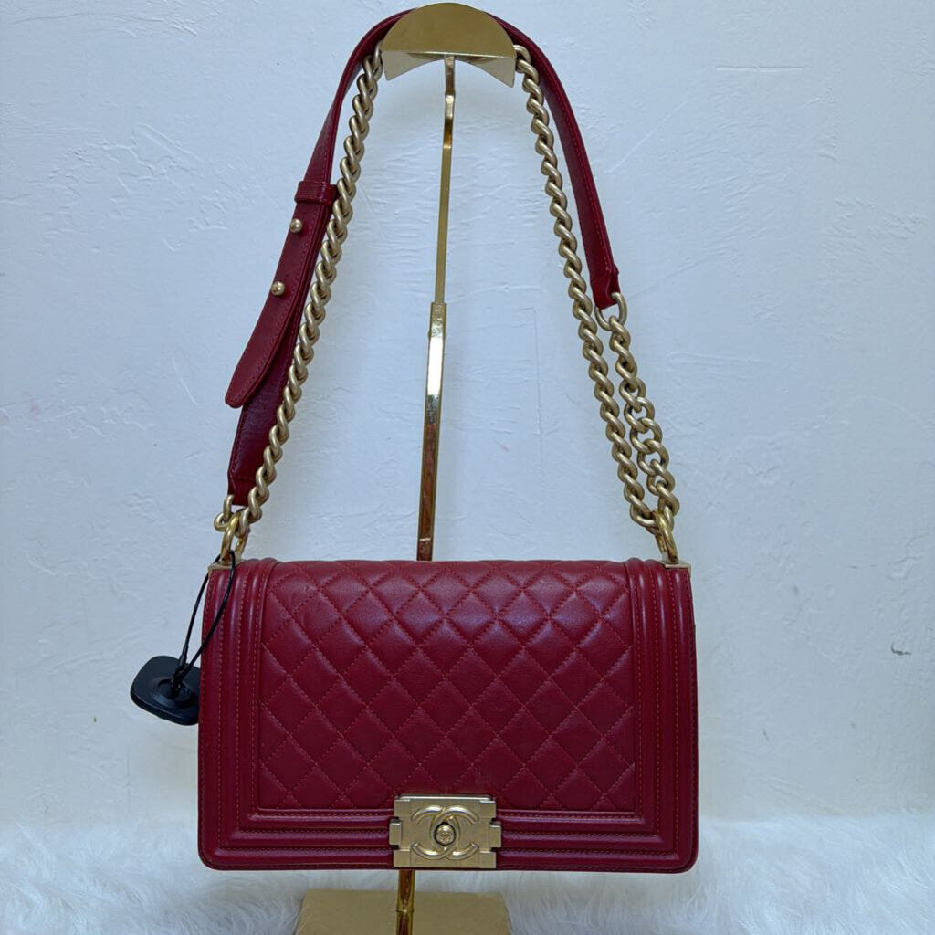 Red Calfskin Quilted Medium Boy Bag
