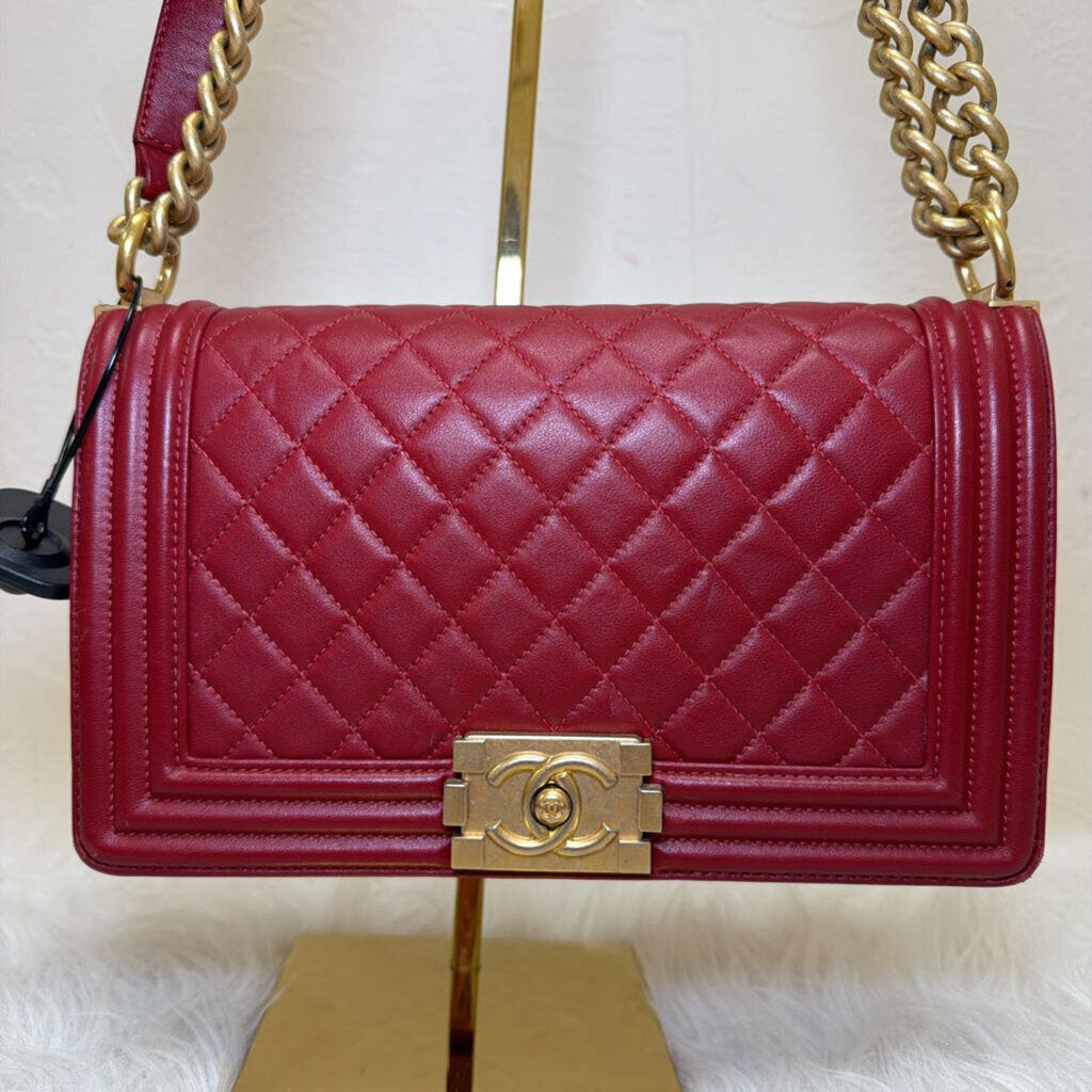 Red Calfskin Quilted Medium Boy Bag