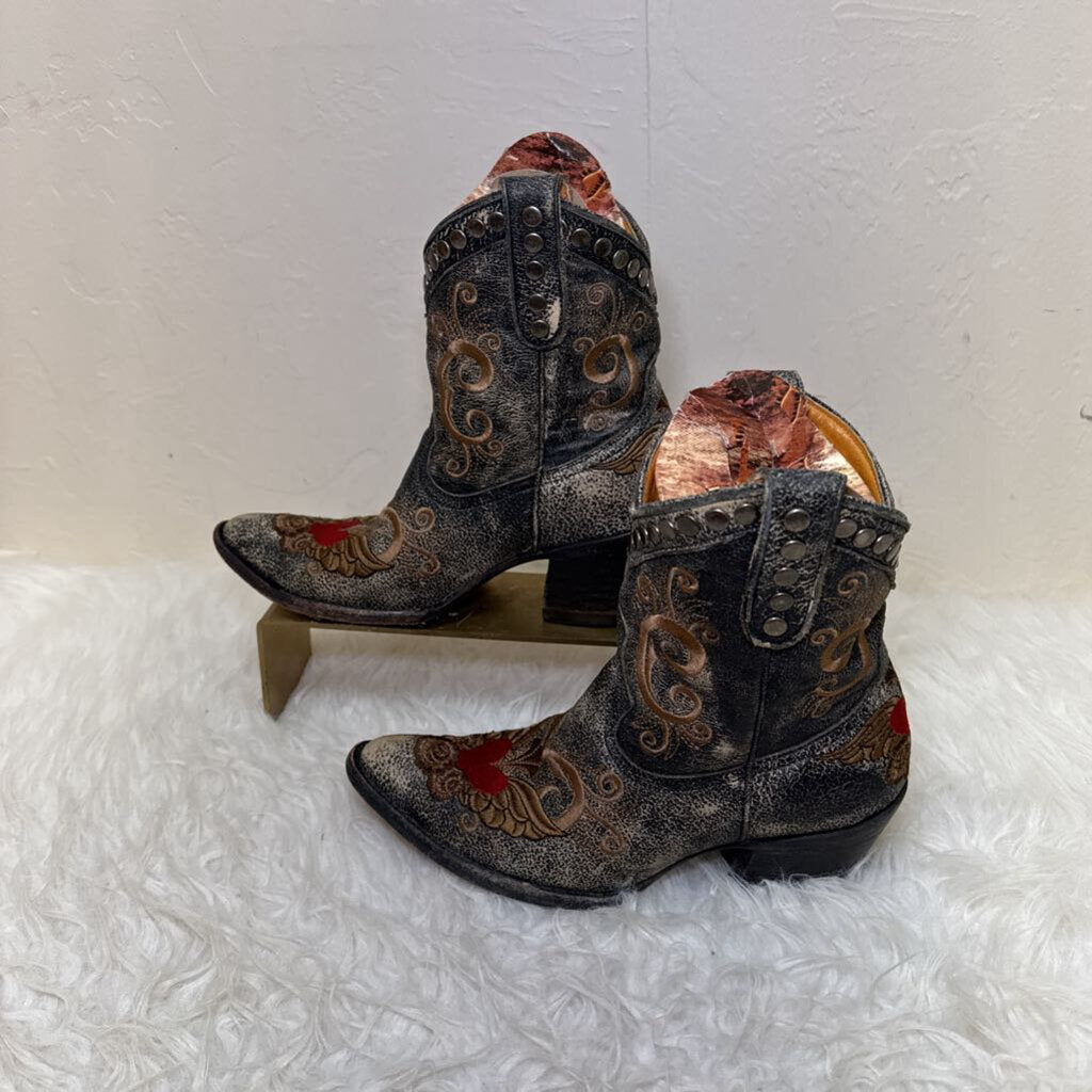Black Distressed Leather Embroidered Boots