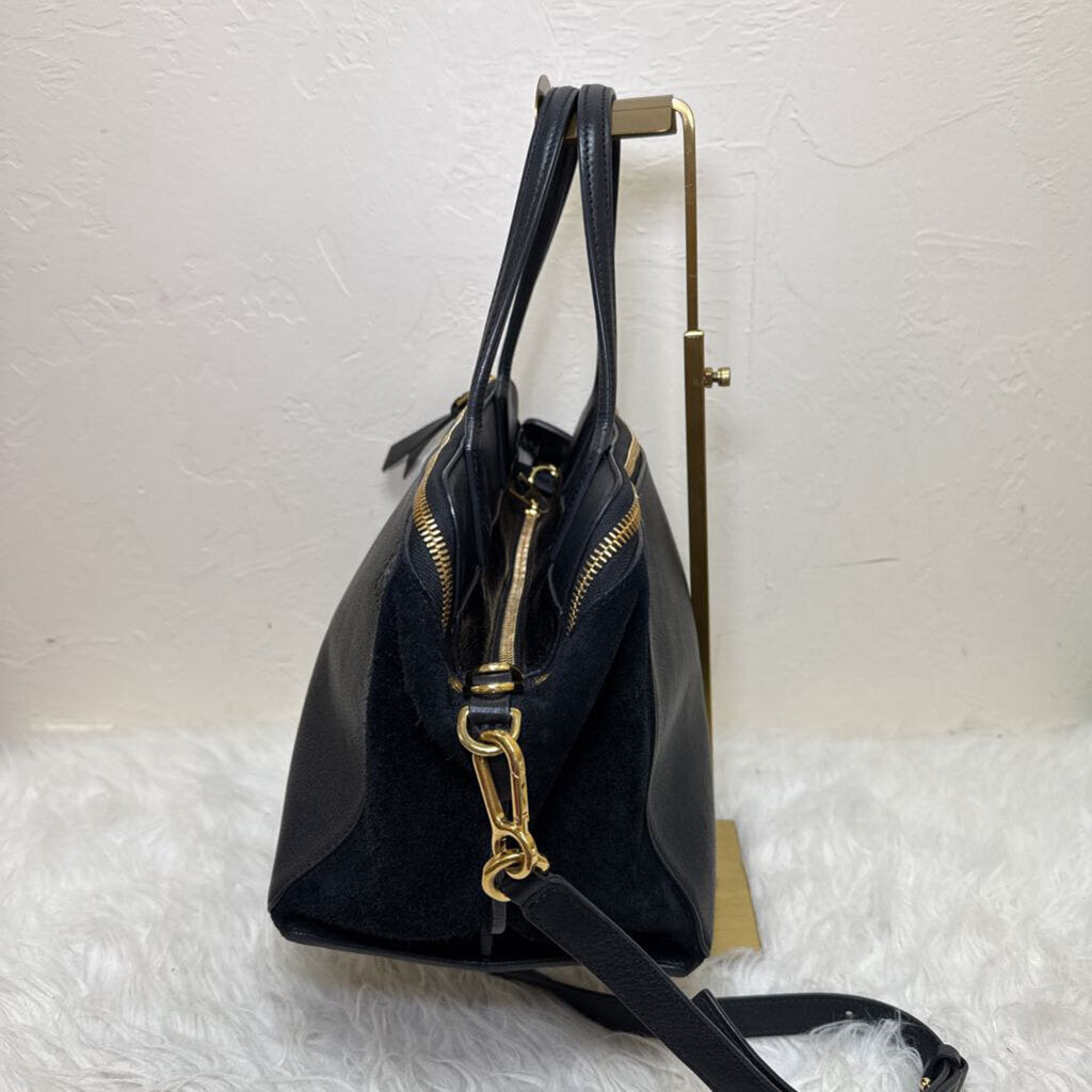 Black Leather Handbag with Gold Zipper