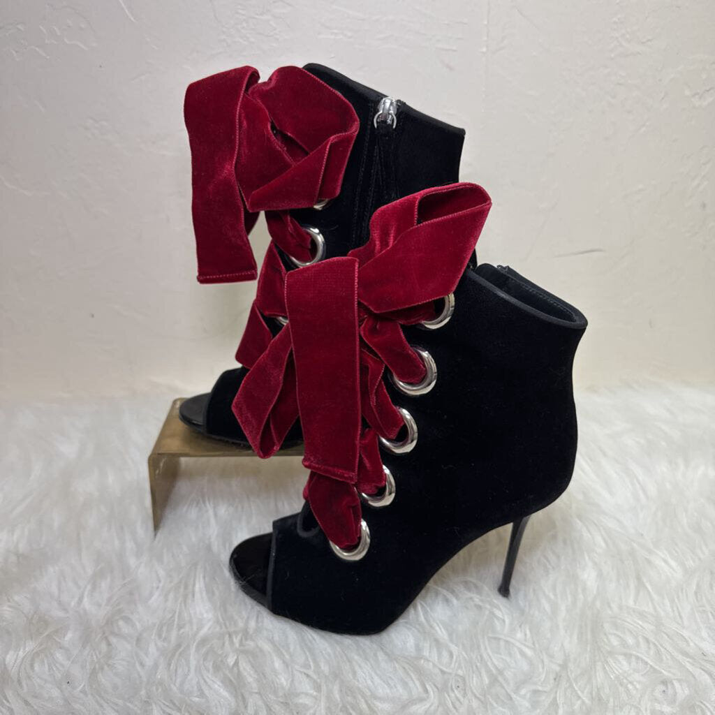Black Velvet Stiletto Heeled Ankle Boots with Burgundy Ribbons