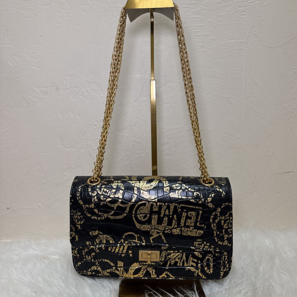 Black Crocodile Embossed Graffiti Reissue 2.55 Flap Bag
