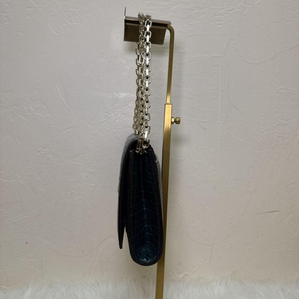 Croc Embossed Leather Clutch w/ Chain