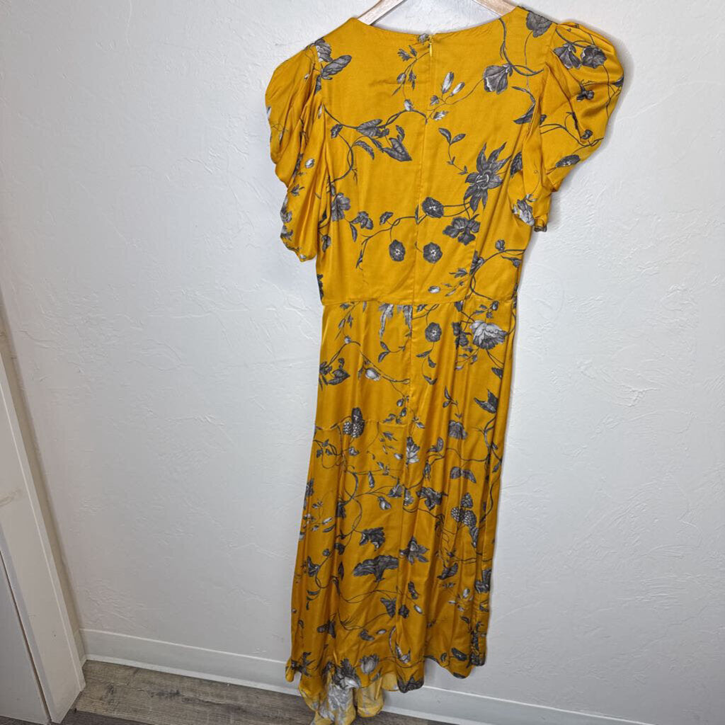 Floral Print Yellow Satin Midi Dress