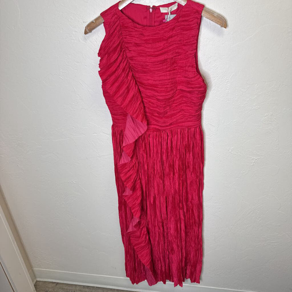 Plisse Satin Midi Dress w/ Side Ruffle