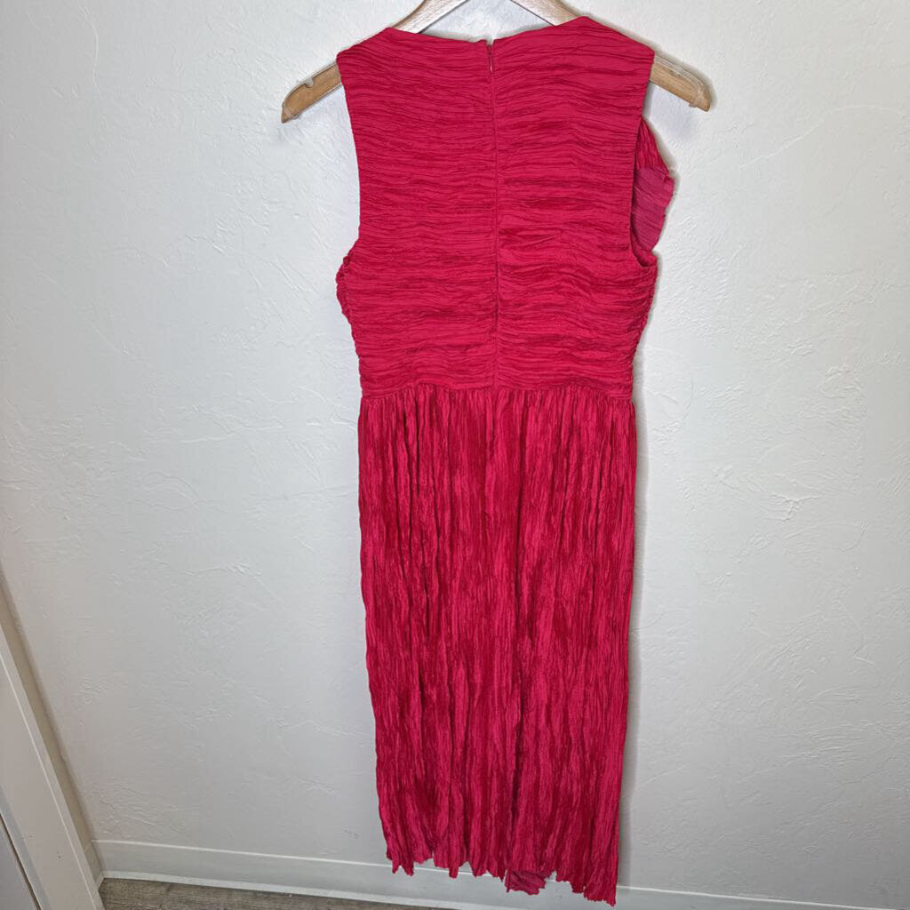Plisse Satin Midi Dress w/ Side Ruffle