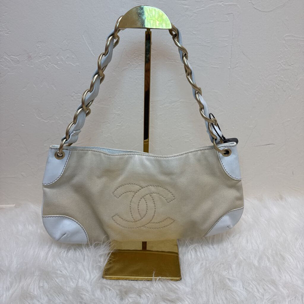 White Tan Canvas Chain Shoulder Bag
