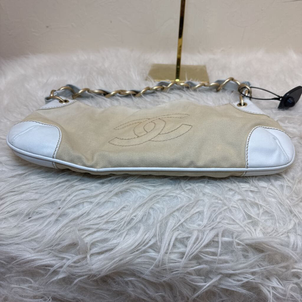White Tan Canvas Chain Shoulder Bag