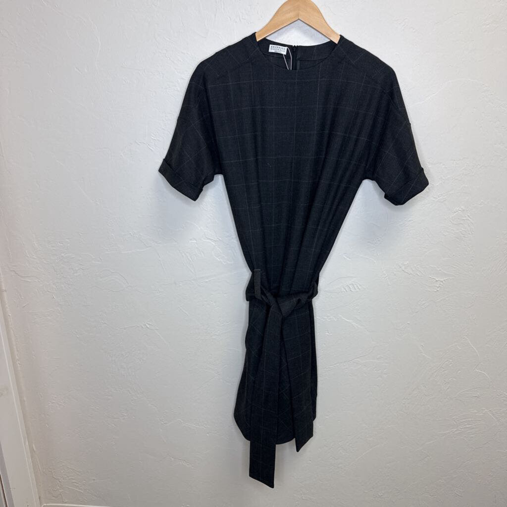 Black window pane belted dress