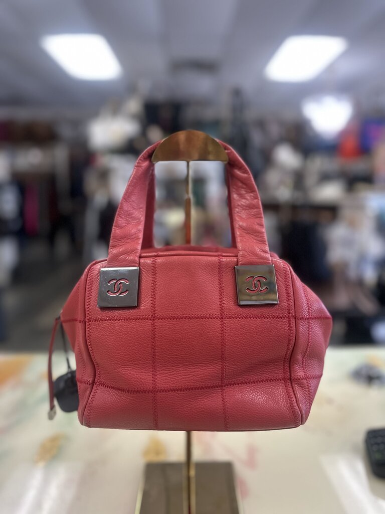 Square Stitch Soft Caviar Skin Red Leather Mini Boston Bag